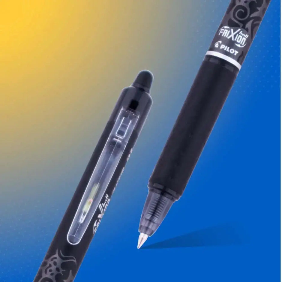 Pilot Frixion Clicker 0.7mm Fine Point Roller Ball Pen with Comfortable Dimpled Grip & Inbuild Eraser on a blue background.