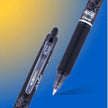 Pilot Frixion Clicker 0.7mm Fine Point Roller Ball Pen with Comfortable Dimpled Grip & Inbuild Eraser on a blue background.