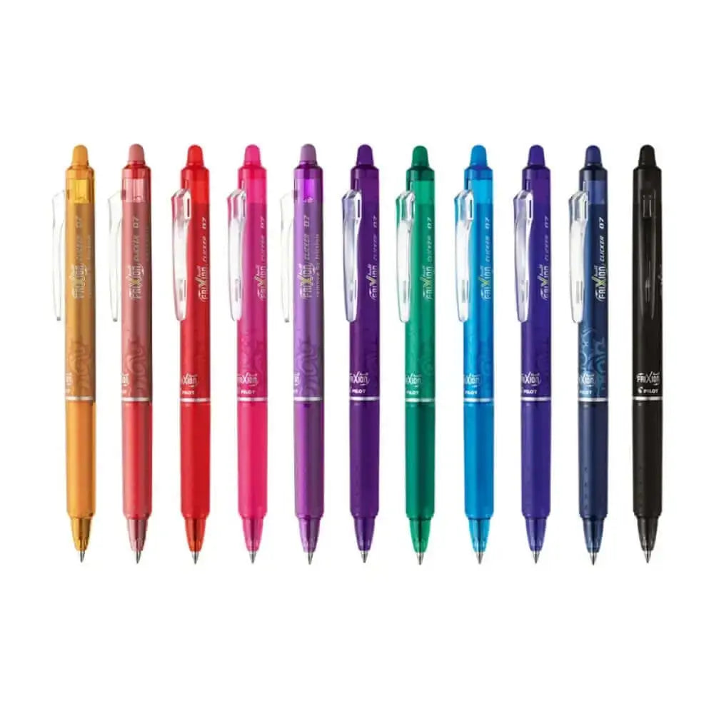 Pilot Frixion Clicker 0.7mm Fine Point Roller Ball Pen with Comfortable Dimpled Grip & Inbuild Eraser in various colors.