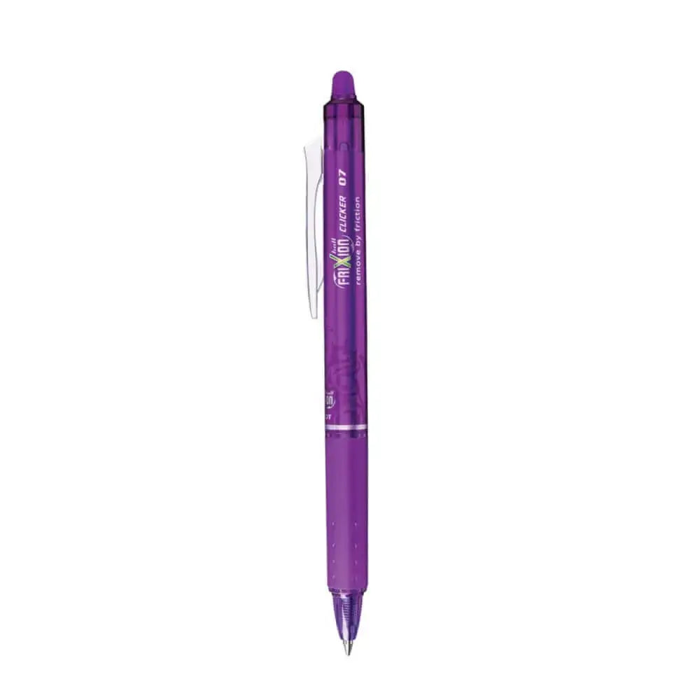 Pilot Frixion Clicker 0.7mm Fine Point Roller Ball Pen with Comfortable Dimpled Grip & Inbuild Eraser in purple color.