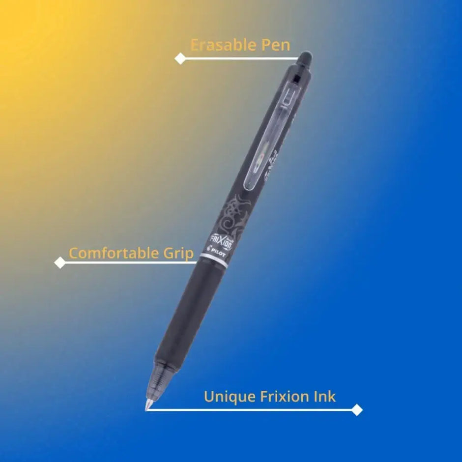 Pilot Frixion Clicker 0.7mm Fine Point Roller Ball Pen with Comfortable Dimpled Grip & Inbuild Eraser on blue background.