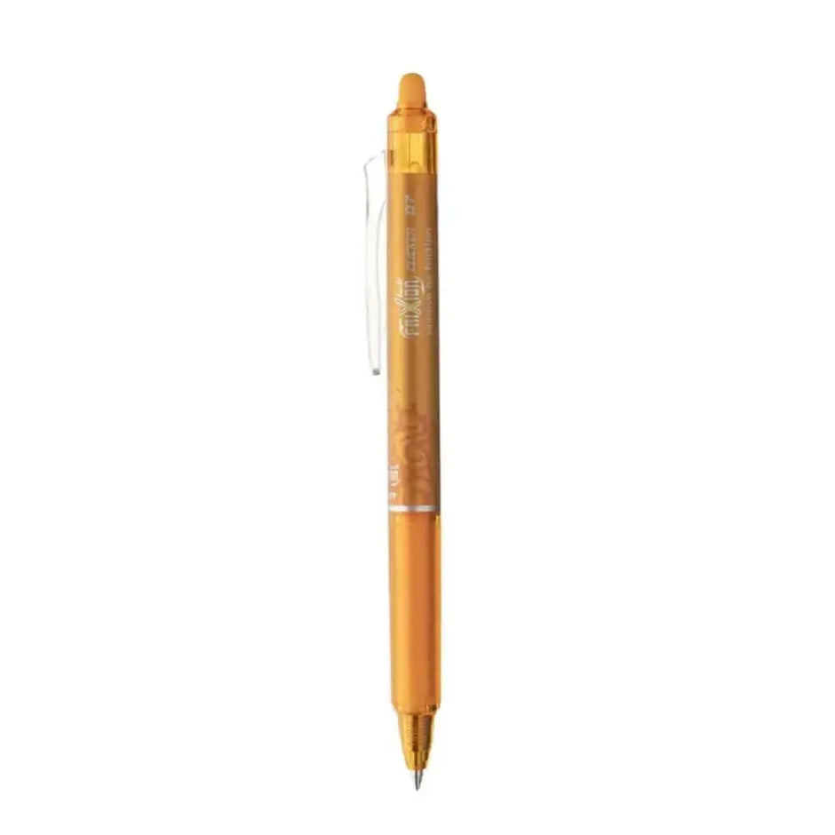 Pilot Frixion Clicker 0.7mm Fine Point Roller Ball Pen with Comfortable Dimpled Grip & Inbuild Eraser in orange color.
