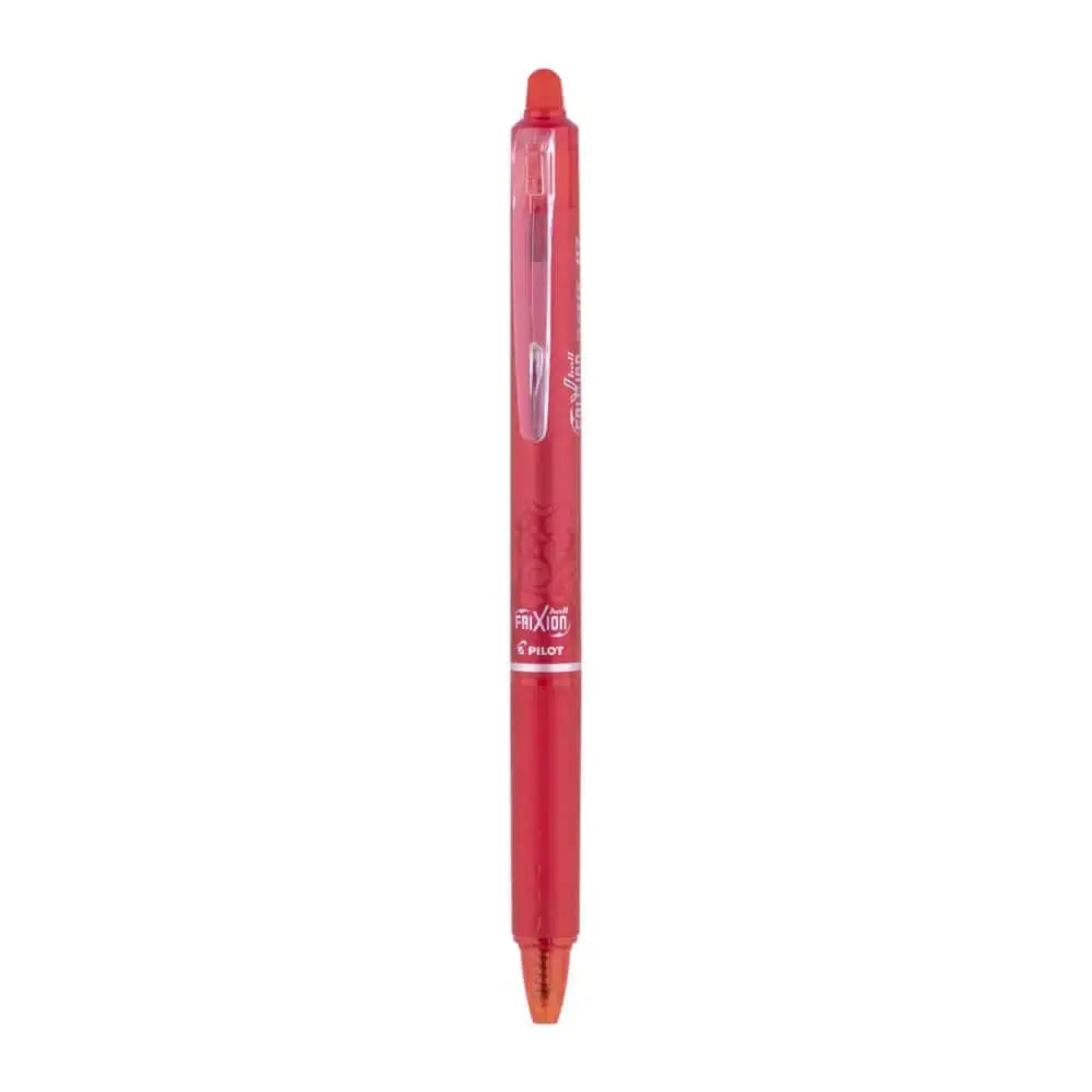 Pilot Frixion Clicker 0.7mm Fine Point Roller Ball Pen with Comfortable Dimpled Grip & Inbuild Eraser in red color.