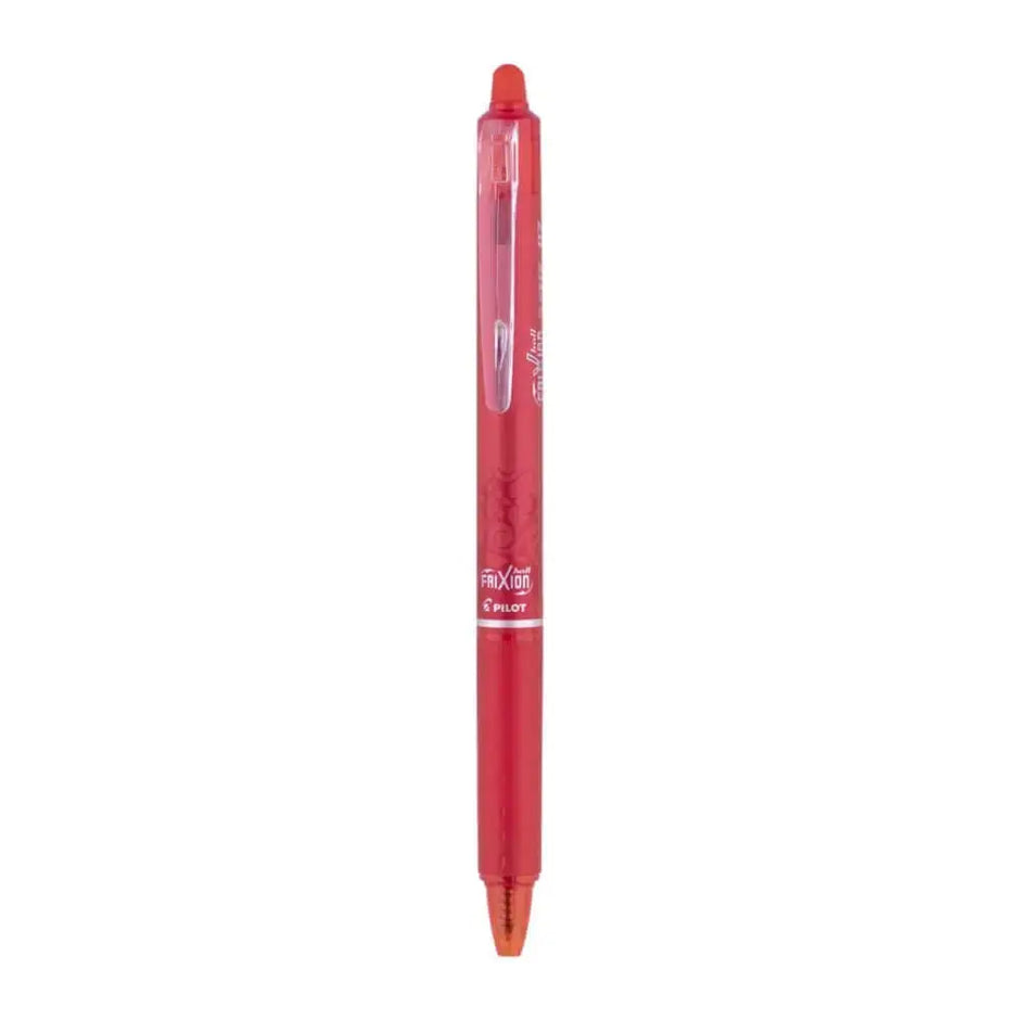 Pilot Frixion Clicker 0.7mm Fine Point Roller Ball Pen with Comfortable Dimpled Grip & Inbuild Eraser in red color.