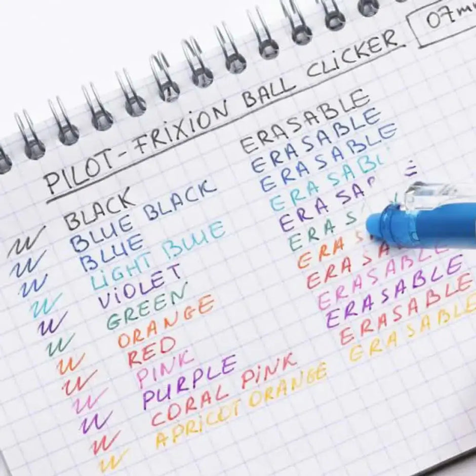Pilot Frixion Clicker 0.7mm Fine Point Roller Ball Pen with Comfortable Dimpled Grip & Inbuild Eraser on notepad