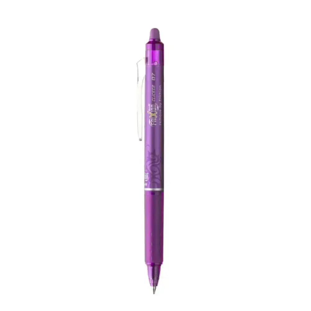 Pilot Frixion Clicker 0.7mm Fine Point Roller Ball Pen with Comfortable Dimpled Grip & Inbuild Eraser in purple.