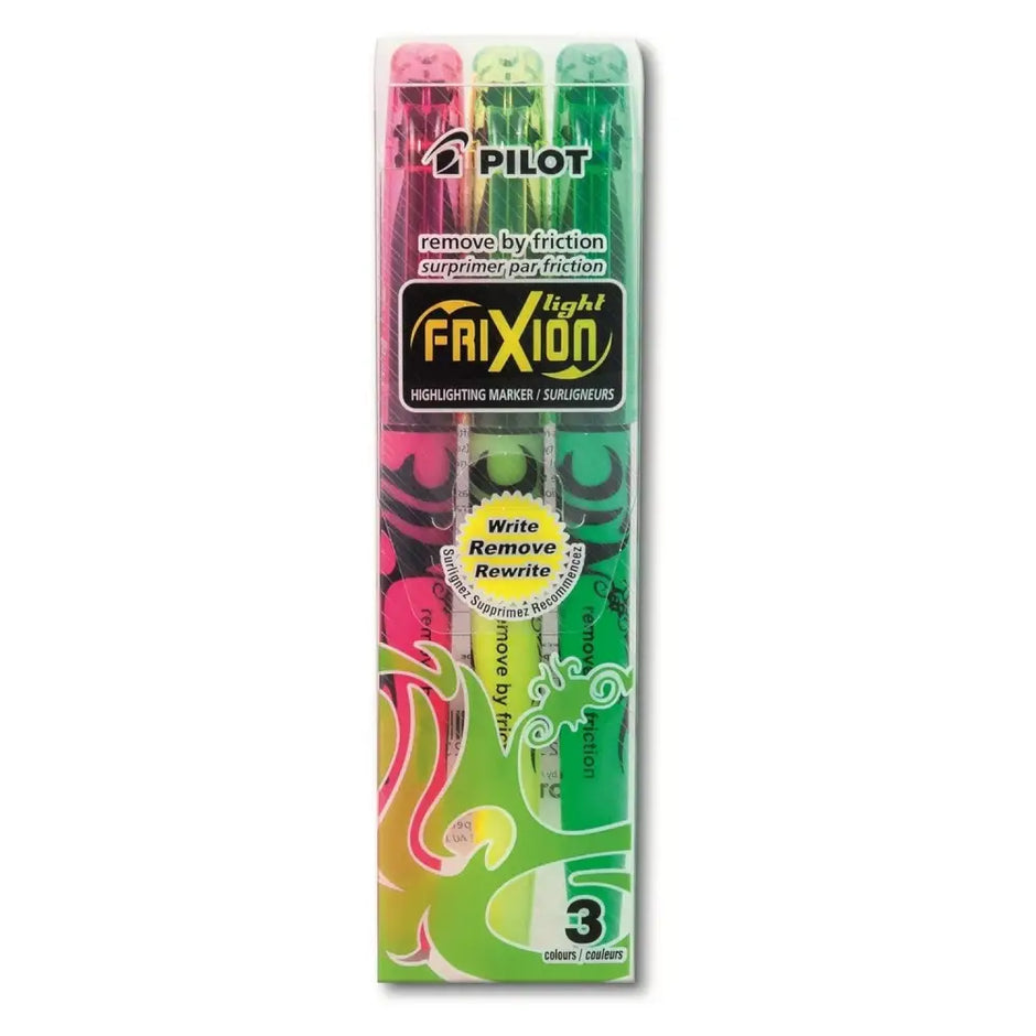 Pilot Frixion Light Highlighters Assorted Colours packaging with three highlighters in pink, yellow, and green.