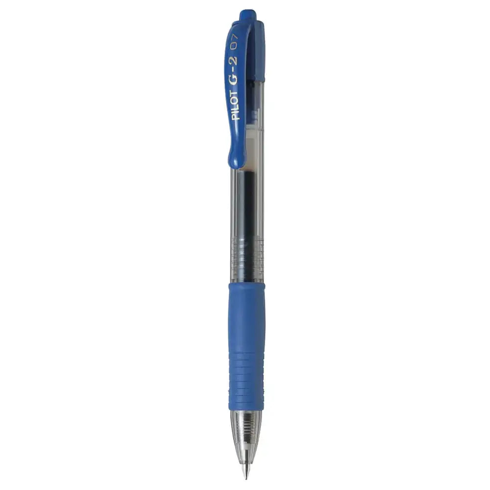 Pilot G2 0.7mm Retractable Roller Ball Pen in blue color with ergonomic grip.