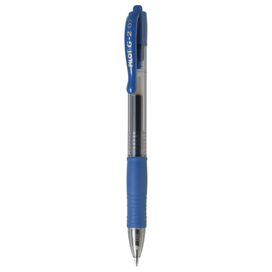 Pilot G2 0.7mm Retractable Roller Ball Pen in blue color with ergonomic grip.