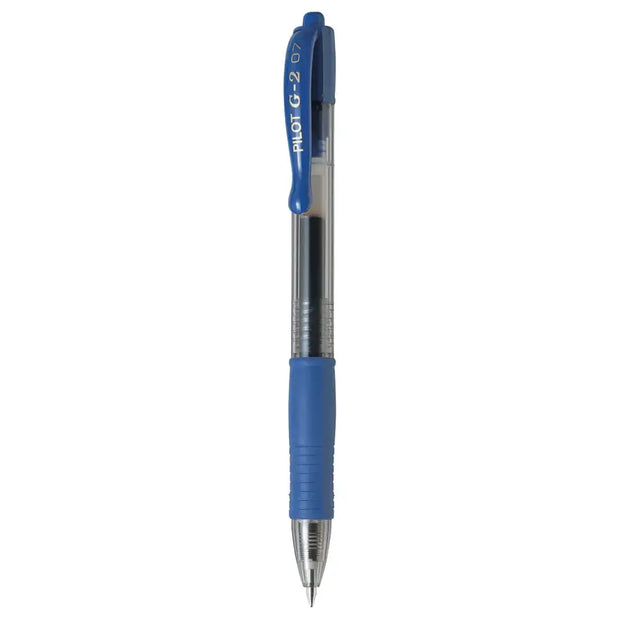 Pilot G2 0.7mm Retractable Roller Ball Pen in blue color with ergonomic grip.