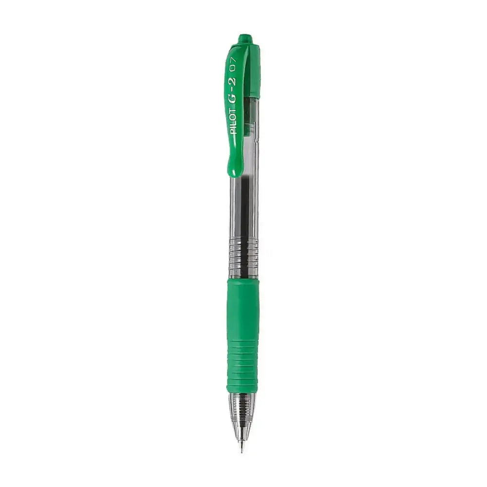 Pilot G2 0.7mm Retractable Roller Ball Pen with ergonomic grip and green design.