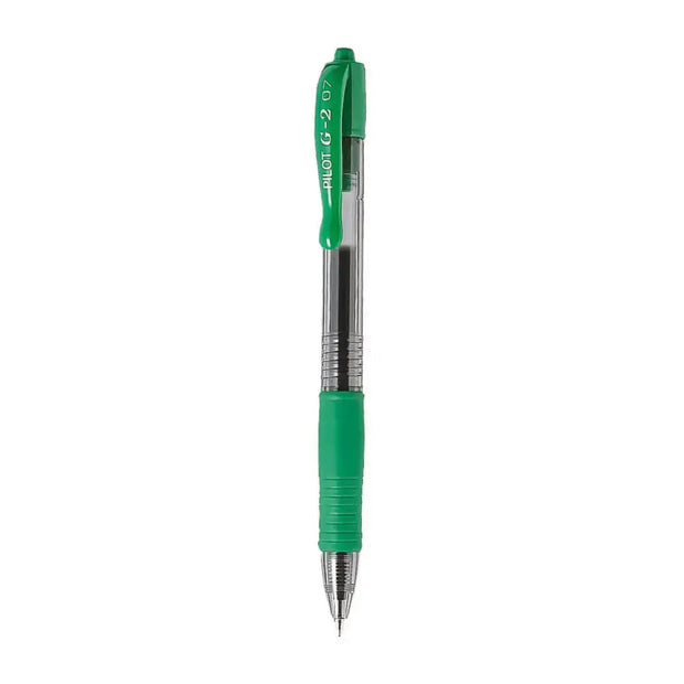 Pilot G2 0.7mm Retractable Roller Ball Pen with ergonomic grip and green design.