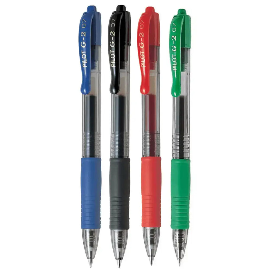 Pilot G2 0.7mm Retractable Roller Ball Pen in blue, black, red, and green colors.
