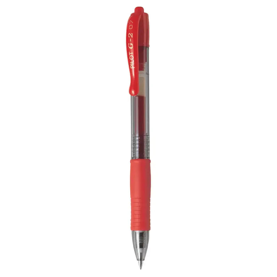 Pilot G2 0.7mm Retractable Roller Ball Pen in red color with ergonomic grip and retractable design.
