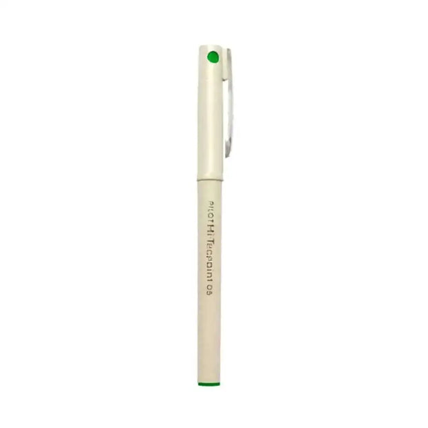 Pilot Hi-Tecpoint O5 0.5mm Extra Fine Point Roller Ball Pen in white with green tip.