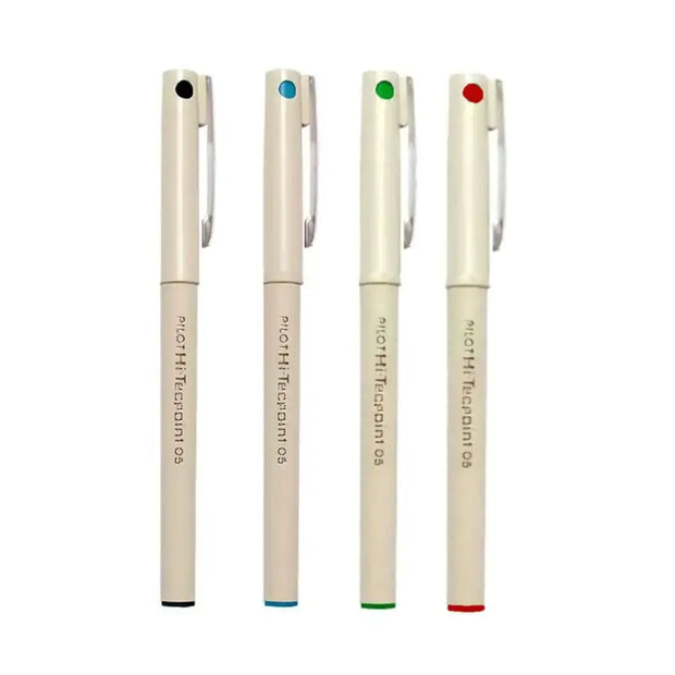 Pilot Hi-Tecpoint O5 0.5mm Extra Fine Point Roller Ball Pen in assorted colors including black, blue, green, and red.