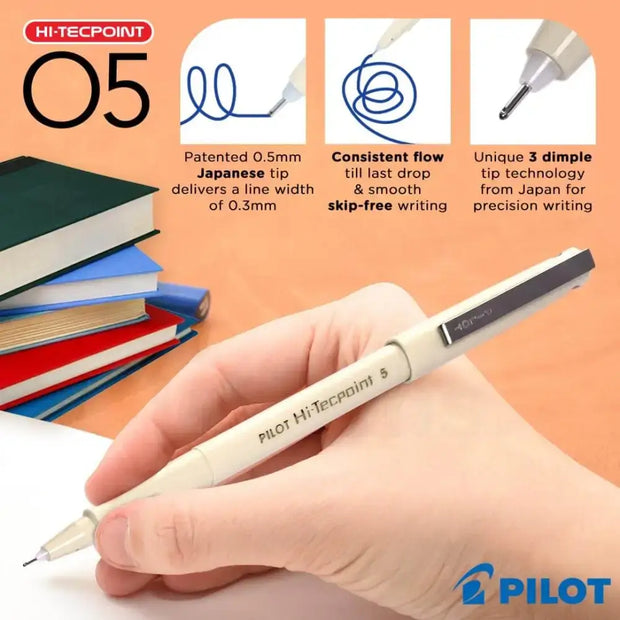 Pilot Hi-Tecpoint O5 0.5mm Extra Fine Point Roller Ball Pen on a desk with books, showcasing precision writing features.