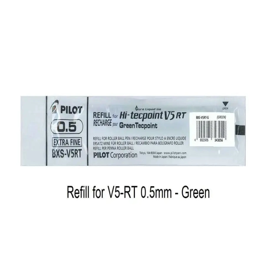 Pilot Hi-Tecpoint Refill 0.5MM for V5RT in green packaging for endless writing.