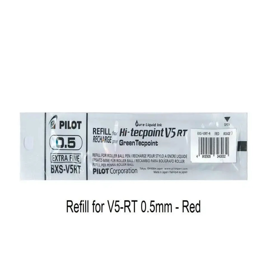 Pilot Hi-Tecpoint Refill 0.5MM for V5RT in red packaging for extra fine writing.