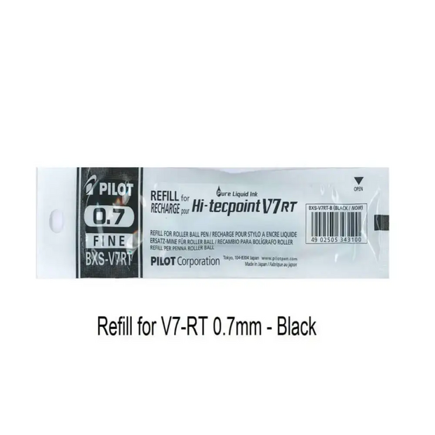 Pilot Hi-Tecpoint Refill 0.7MM for V7RT - Black ink refill in recyclable packaging