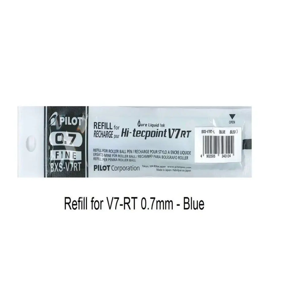Pilot Hi-Tecpoint Refill 0.7MM for V7RT in blue packaging, suitable for endless writing.