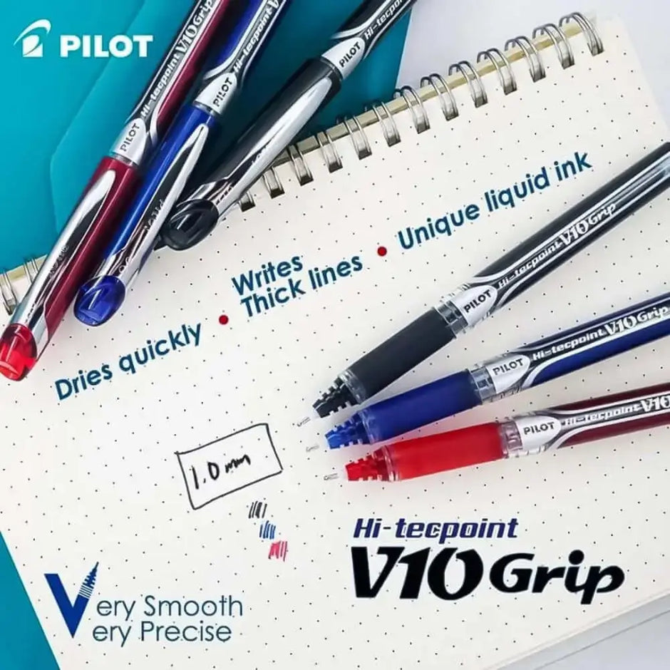 Pilot Hi-Tecpoint V10 Grip 1.0mm Medium Point Pure Liquid Ink Roller Ball Pen with Dimpled Rubber Grip on notebook.