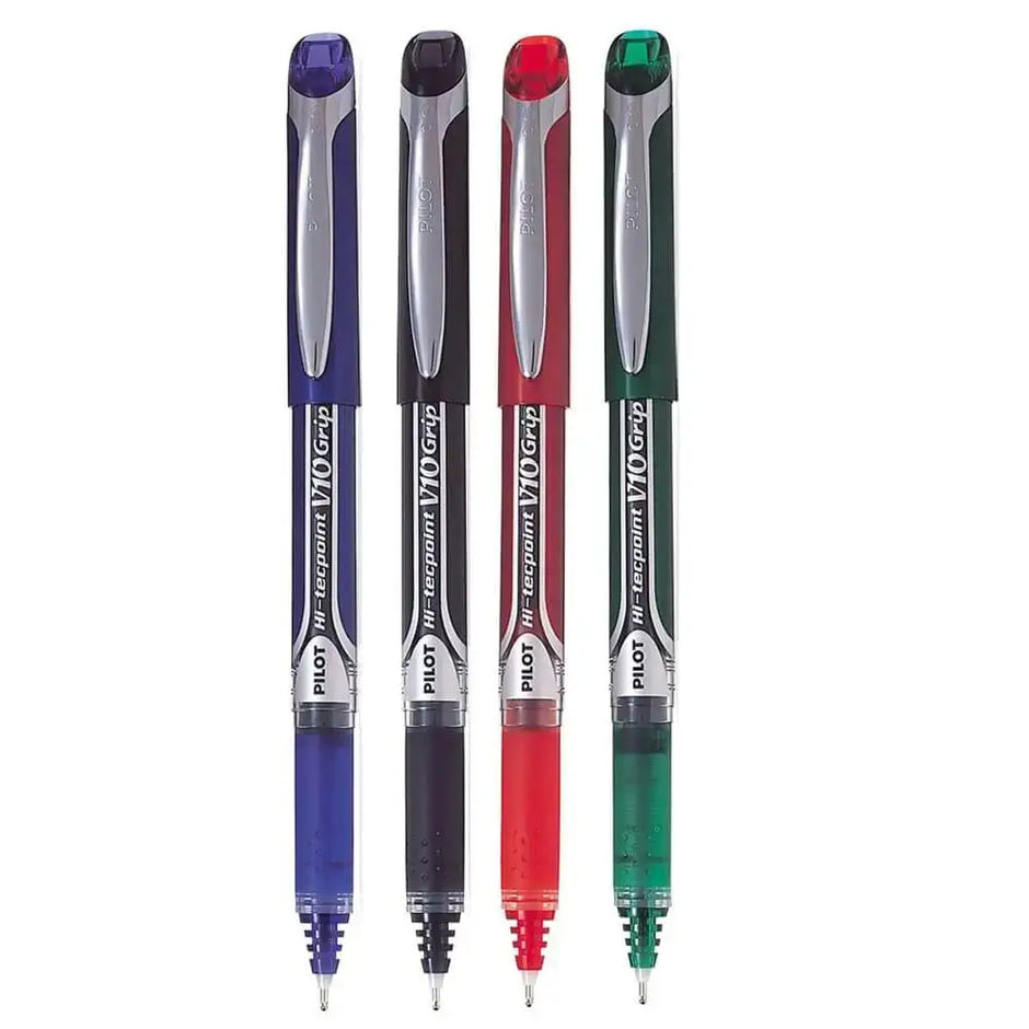 Pilot Hi-Tecpoint V10 Grip 1.0mm Medium Point Pure Liquid Ink Roller Ball Pen with Dimpled Rubber Grip assortment.