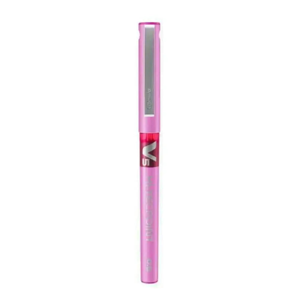 Pilot Hi-Tecpoint V5 0.5mm Extra Fine Point Pure Liquid Ink Roller Ball Pen in pink color.