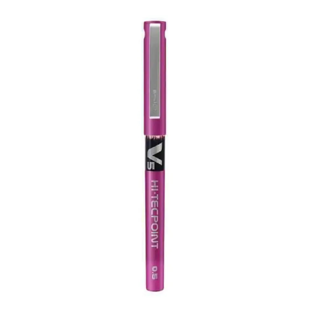 Pilot Hi-Tecpoint V5 0.5mm Extra Fine Point Pure Liquid Ink Roller Ball Pen in pink color.