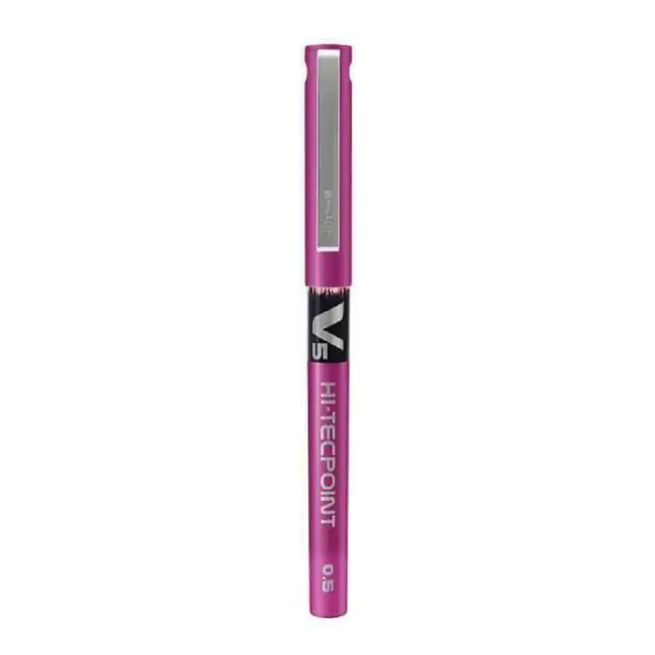 Pilot Hi-Tecpoint V5 0.5mm Extra Fine Point Pure Liquid Ink Roller Ball Pen in pink color.