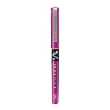Pilot Hi-Tecpoint V5 0.5mm Extra Fine Point Pure Liquid Ink Roller Ball Pen in pink color.