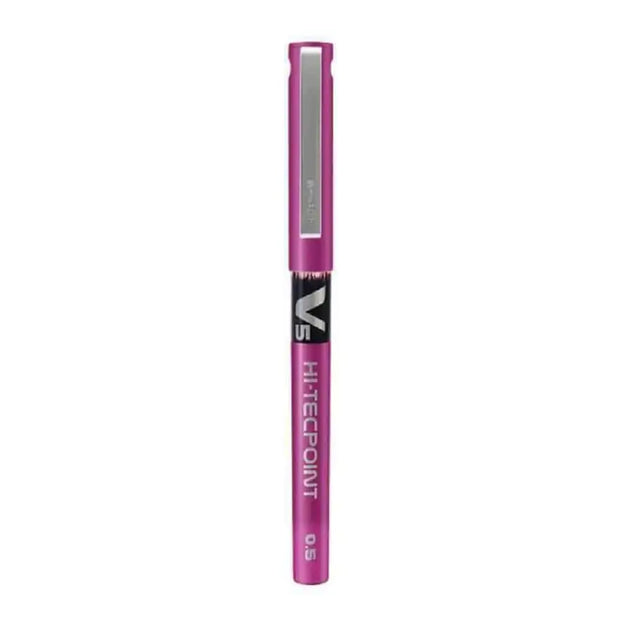 Pilot Hi-Tecpoint V5 0.5mm Extra Fine Point Pure Liquid Ink Roller Ball Pen in pink color.