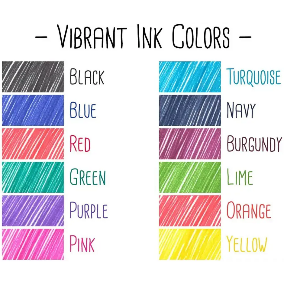 Vibrant ink colors chart featuring black, blue, red, green, purple, pink, turquoise, navy, burgundy, lime, orange, and yellow.