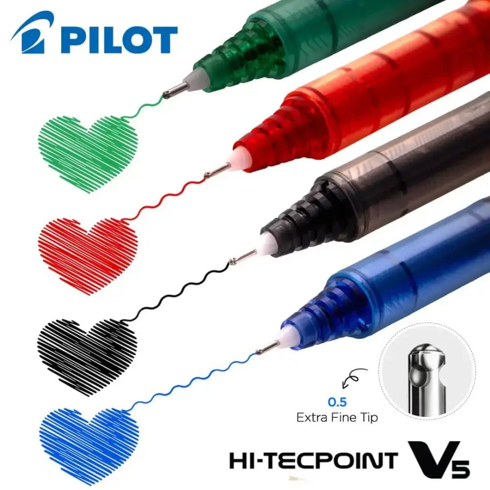 Pilot Hi-Tecpoint V5 0.5mm Extra Fine Point Pure Liquid Ink Roller Ball Pen colors and tips showing heart designs.