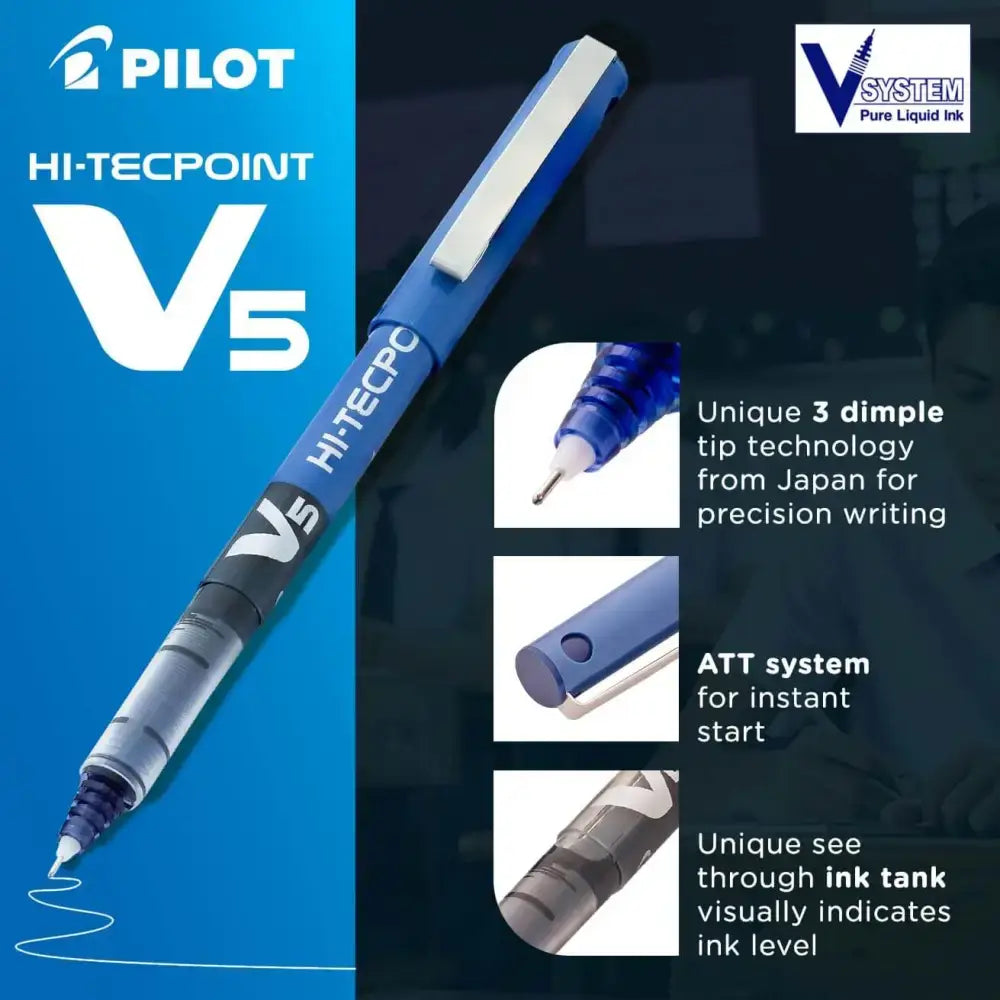 Pilot Hi-Tecpoint V5 0.5mm Extra Fine Point Pure Liquid Ink Roller Ball Pen showcasing 3 dimple tip technology.