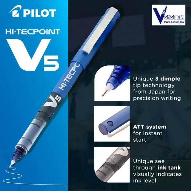 Pilot Hi-Tecpoint V5 0.5mm Extra Fine Point Pure Liquid Ink Roller Ball Pen showcasing 3 dimple tip technology.