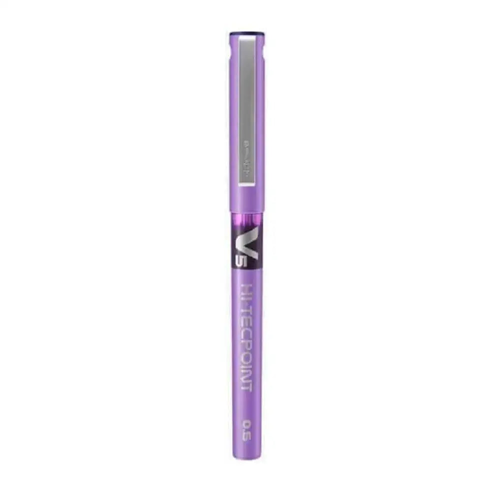 Pilot Hi-Tecpoint V5 0.5mm Extra Fine Point Pure Liquid Ink Roller Ball Pen in purple color.