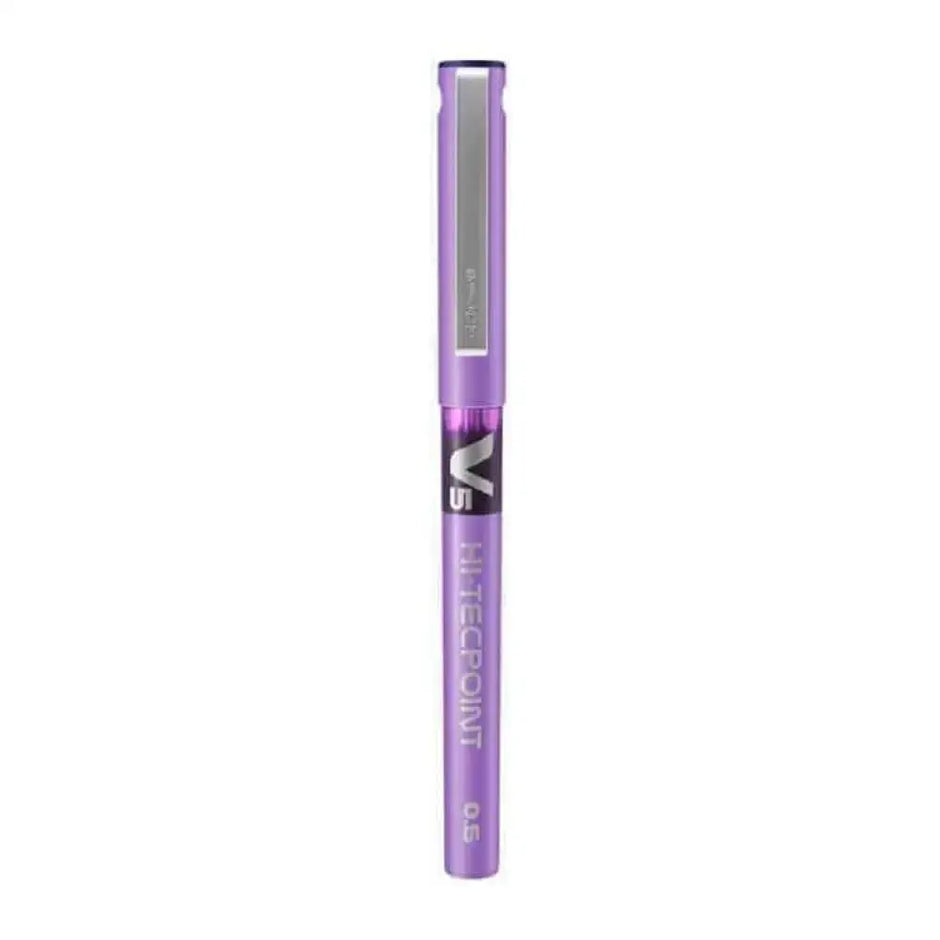 Pilot Hi-Tecpoint V5 0.5mm Extra Fine Point Pure Liquid Ink Roller Ball Pen in purple color.