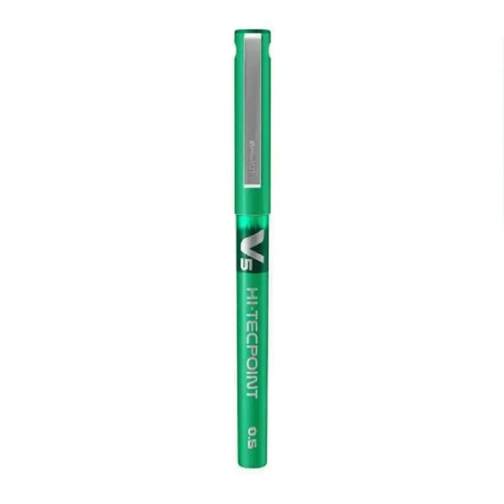 Pilot Hi-Tecpoint V5 0.5mm Extra Fine Point Pure Liquid Ink Roller Ball Pen in green, showcasing its sleek design.