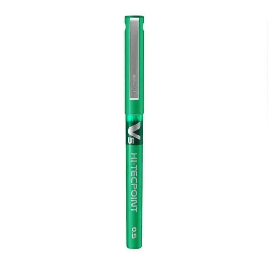 Pilot Hi-Tecpoint V5 0.5mm Extra Fine Point Pure Liquid Ink Roller Ball Pen in green, showcasing its sleek design.