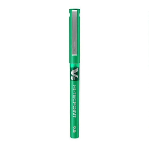 Pilot Hi-Tecpoint V5 0.5mm Extra Fine Point Pure Liquid Ink Roller Ball Pen in green, showcasing its sleek design.