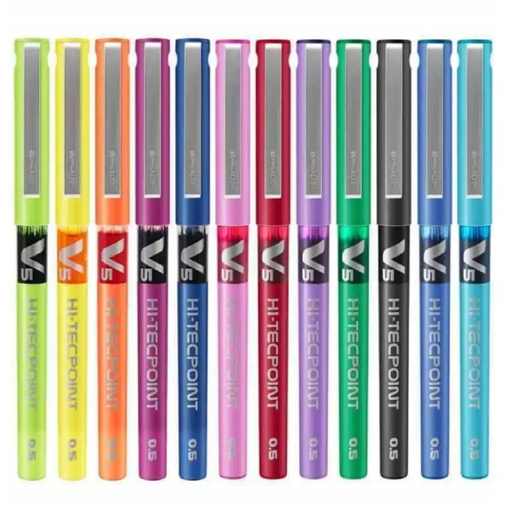 Pilot Hi-Tecpoint V5 0.5mm Extra Fine Point Pure Liquid Ink Roller Ball Pen collection of colorful pens.