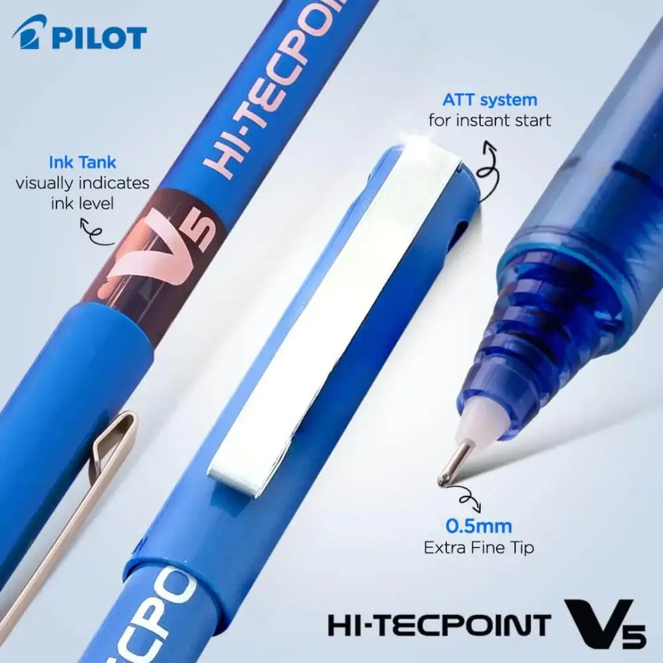 Pilot Hi-Tecpoint V5 0.5mm Extra Fine Point Pure Liquid Ink Roller Ball Pen with ATT system and ink tank.