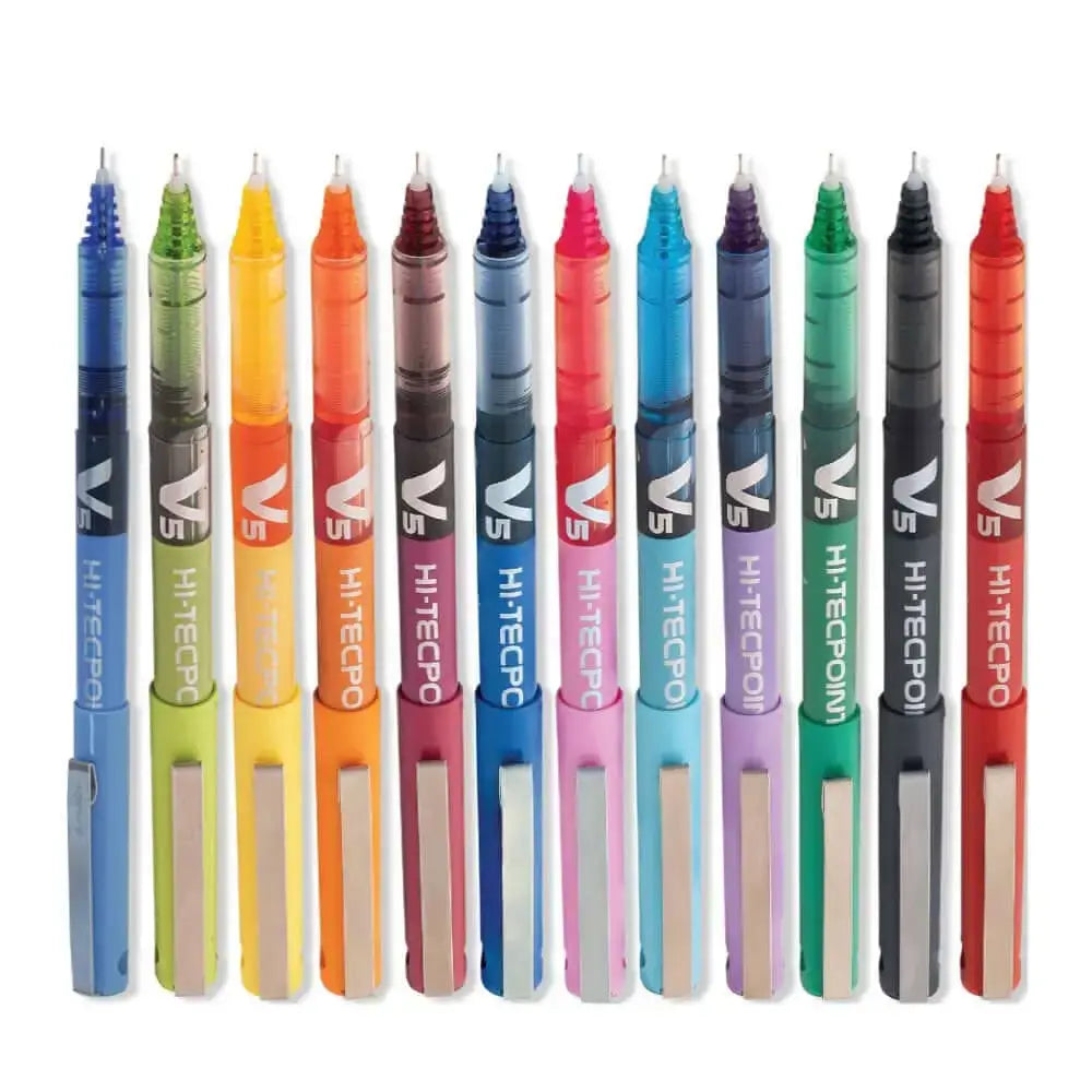 Pilot Hi-Tecpoint V5 0.5mm Extra Fine Point Pure Liquid Ink Roller Ball Pen in various colors.