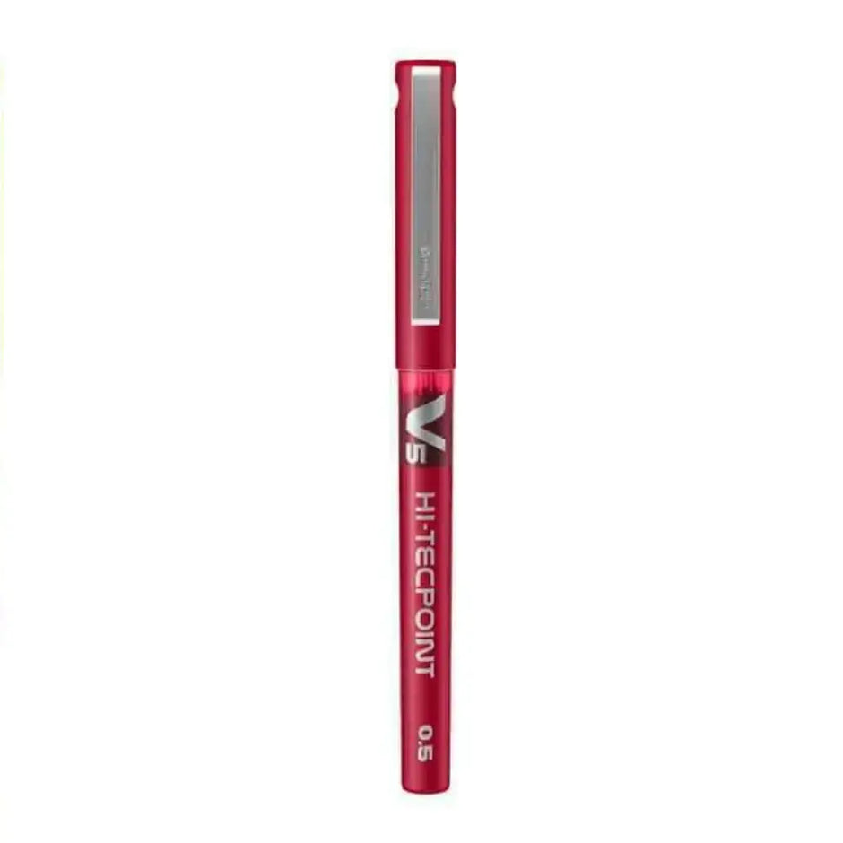 Pilot Hi-Tecpoint V5 0.5mm Extra Fine Point Pure Liquid Ink Roller Ball Pen in red, showcasing its sleek design.