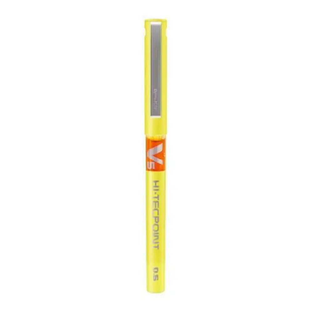 Pilot Hi-Tecpoint V5 0.5mm Extra Fine Point Pure Liquid Ink Roller Ball Pen in yellow color with a fine tip.