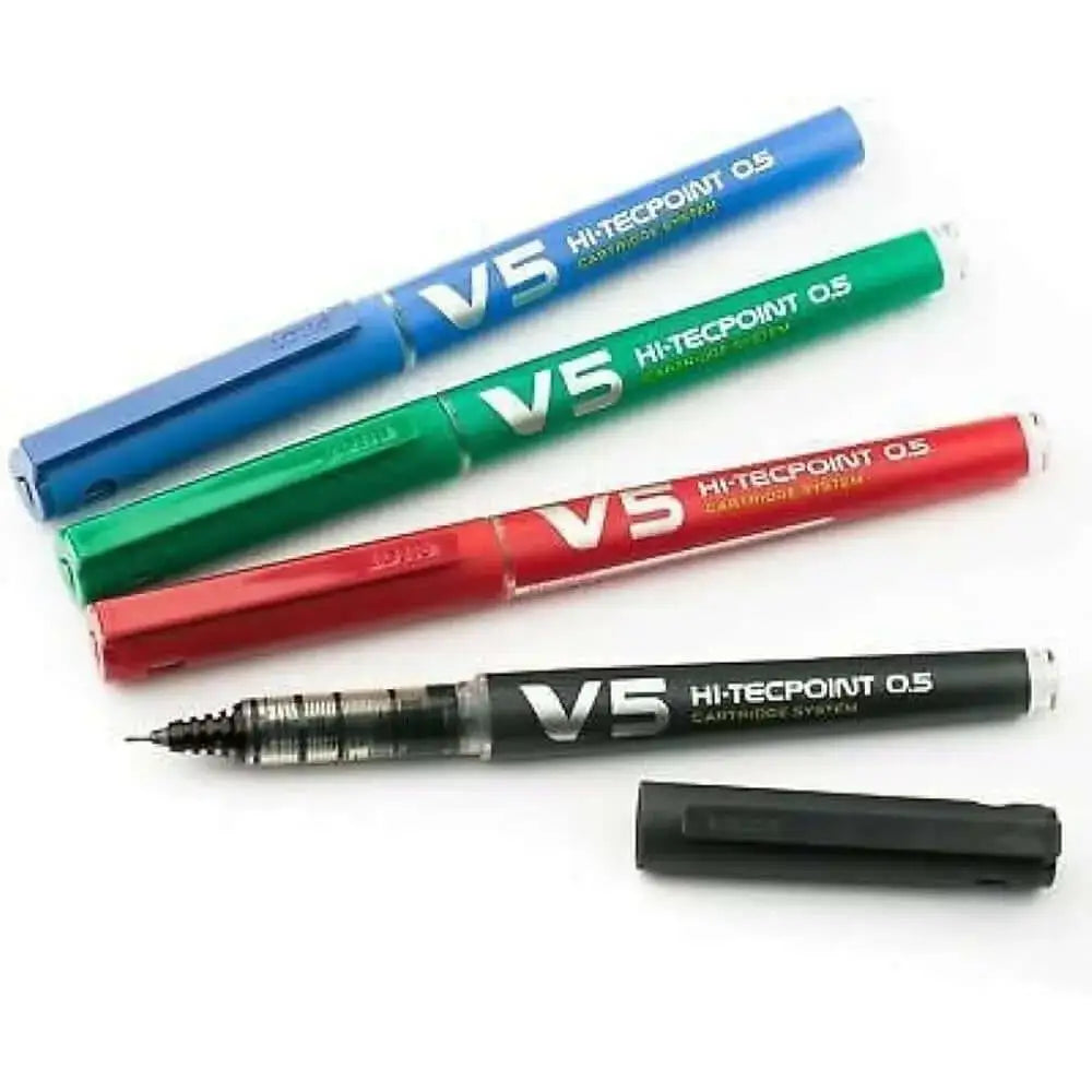 Pilot Hi-Tecpoint V5 Cartridge System 0.5mm Extra Fine Point Roller Ball Pen in various colors.