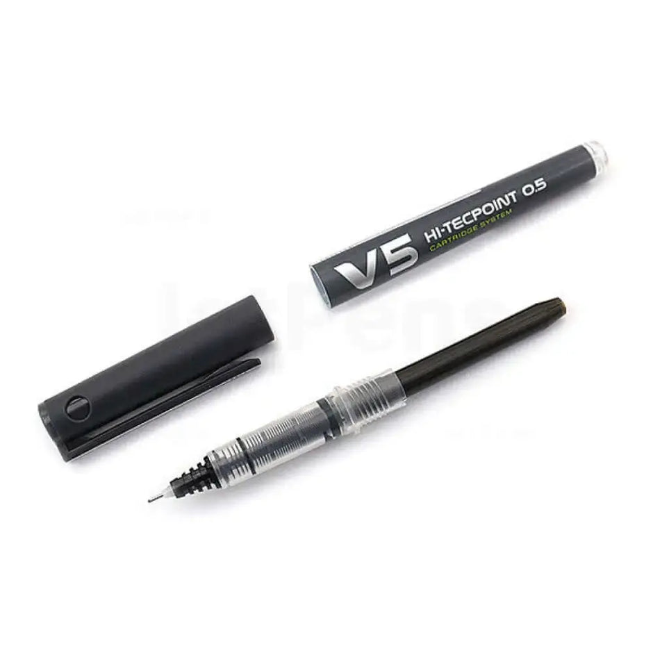 Pilot Hi-Tecpoint V5 Cartridge System 0.5mm Extra Fine Point Roller Ball Pen with cap and visible ink reservoir.