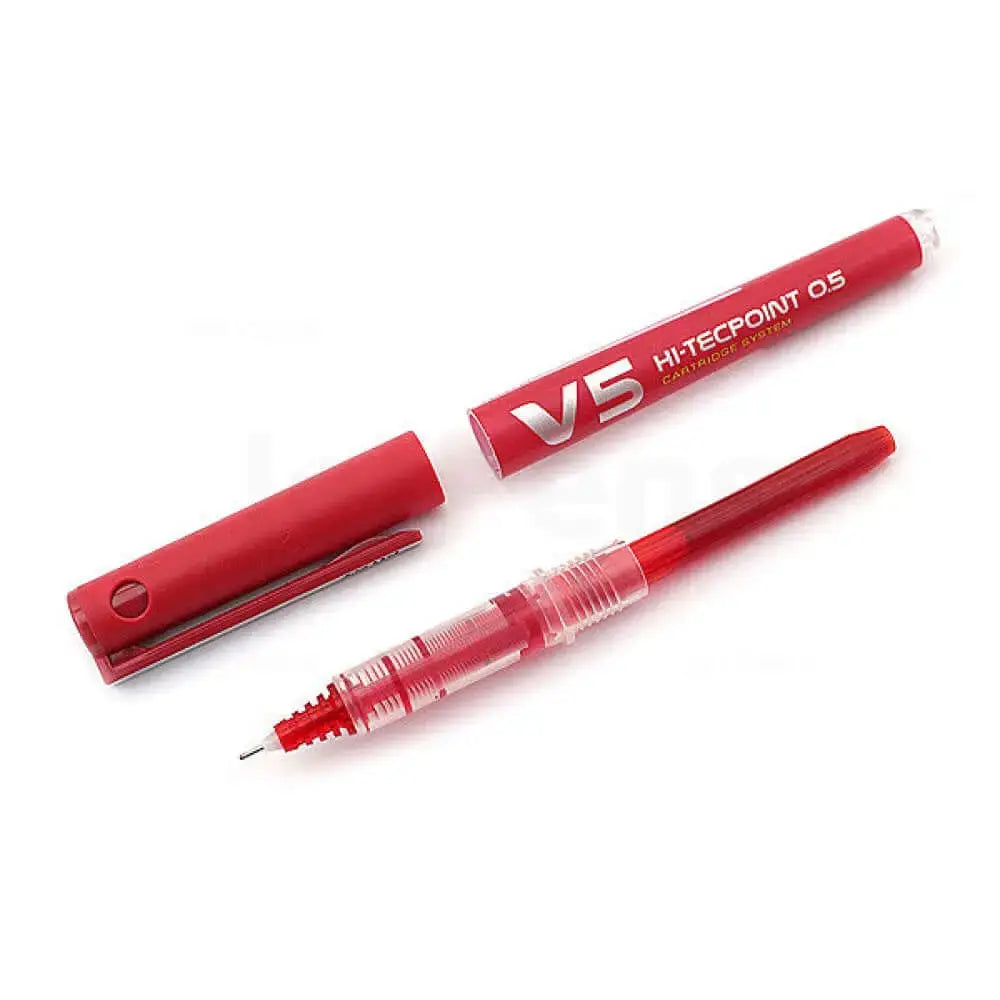Pilot Hi-Tecpoint V5 Cartridge System 0.5mm Extra Fine Point Roller Ball Pen in red color.