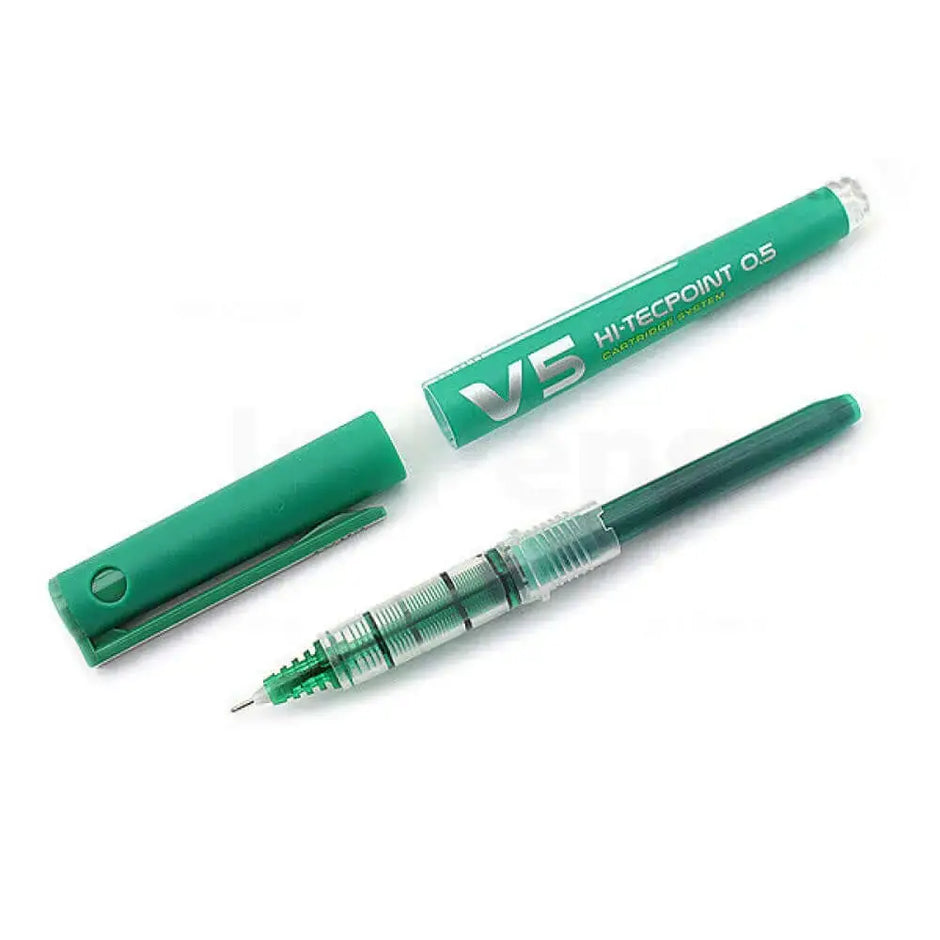 Pilot Hi-Tecpoint V5 Cartridge System 0.5mm Extra Fine Point Roller Ball Pen in green with cap.